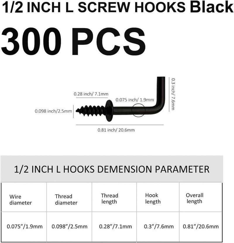 ANDILIKE 300 PCS 1/2 Inch Screw in Hooks, Mini 7 Shaped Right Angle Screw Hanger,Black L Shaped Hook, Perfect for Lamp,Plants,Decorations,kitchenware and DIY Crafts - Image 2